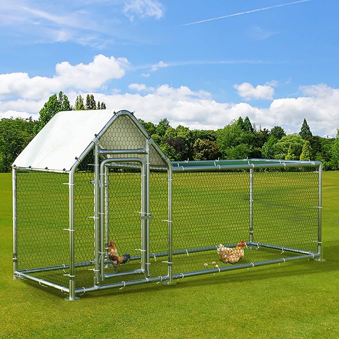 BOSSIN Bold Chicken Coop Run Large Metal Chicken Pen Outdoor, Poultry Cage Spire Shape, Heavy Duty Walkin for Yard with Waterproof and Anti-UV Cover,for Duck Rabbits Habitat