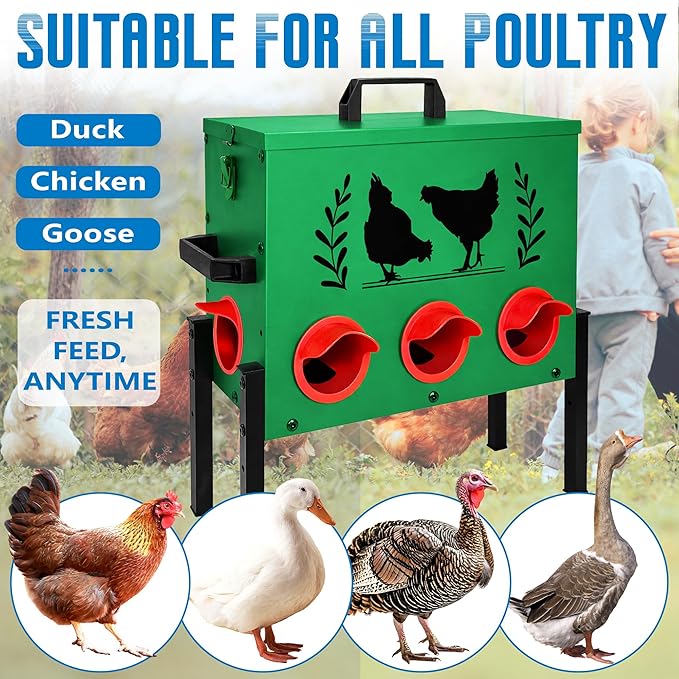 Chicken Feeders, 50 lb Capacity 8 Port Automatic Chicken Feeder, Metal Chick Feeders with Locking Lid and Legs, Chicken Feeder for Chickens, Ducks, Geese, Green