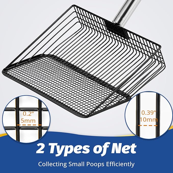 2PC Chicken Coop Scoop & Rake, 10" Heavy Duty Sifting Shovel, 62" Adjustable 3-Length Handle, 15" Manure Rake for Sand, Leaves & Animal Waste