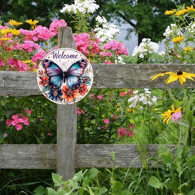 Welcome Butterfly Round Metal Tin Sign Wreath Spring Vintage Wall Decor for Front Door Home Porch Entryway 8x8inch