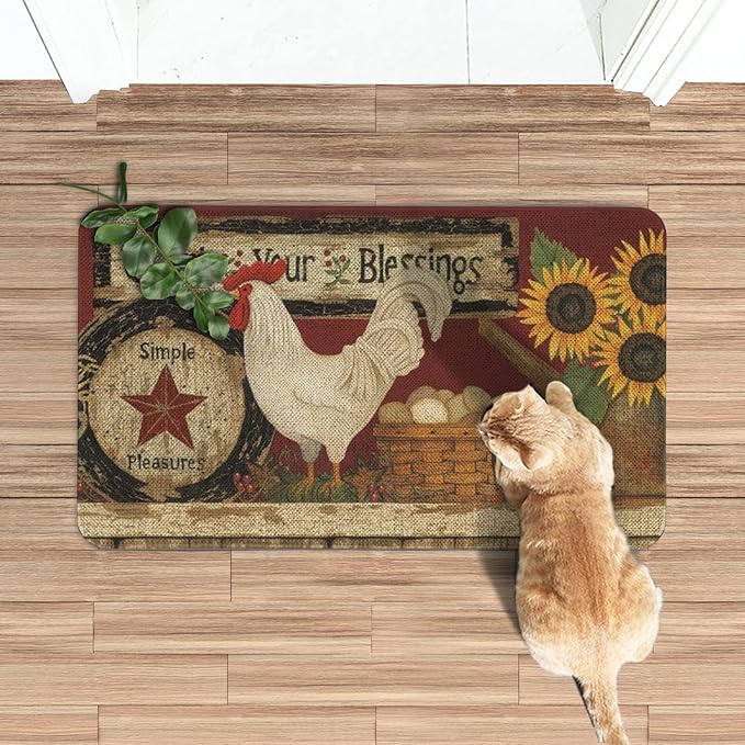 Roszwtit Farmhouse Kitchen Rugs and Mats, Farm Rooster Door Mat, Seasonal Washable Non-Slip Floor Mats for Home Kitchen Decor 30x17 Inch