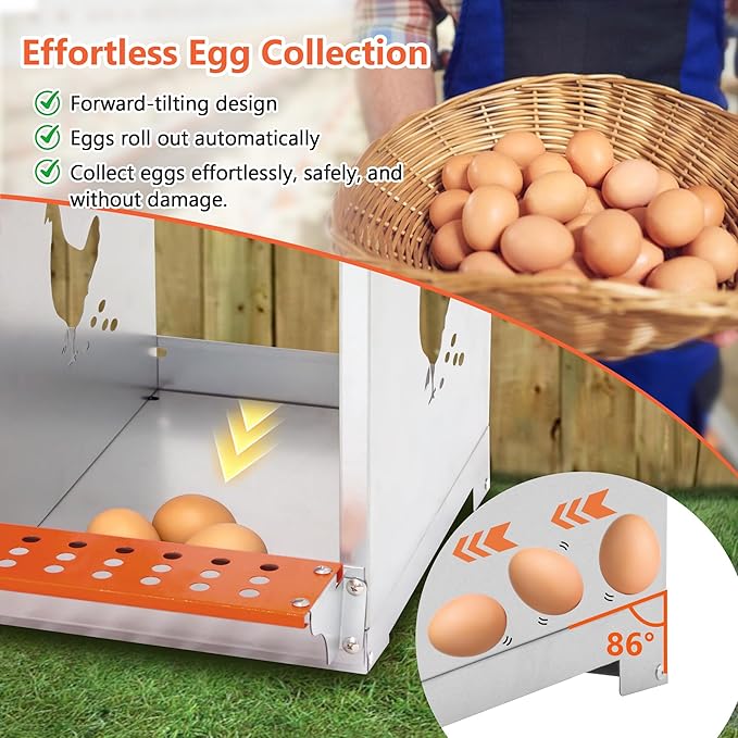 Chicken Nesting Boxes 8 Hole Roll Away Nesting Boxes with Vented Holes & Soft Nesting Pads Wall Mountable Laying Boxes for Hens Easy Egg Collection for Chicken Coop, Backyard, Farms, Orange