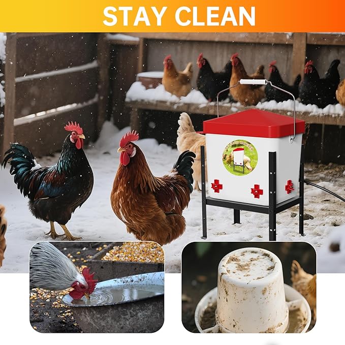 Nexum 2 Gallon Heated Chicken Waterer - Outdoor Unfrozen Poultry Drinker for Winter with 4 Nipples and Adjustable Stand Automatic Chicks Water Bucket (Red, 2 Gallon)