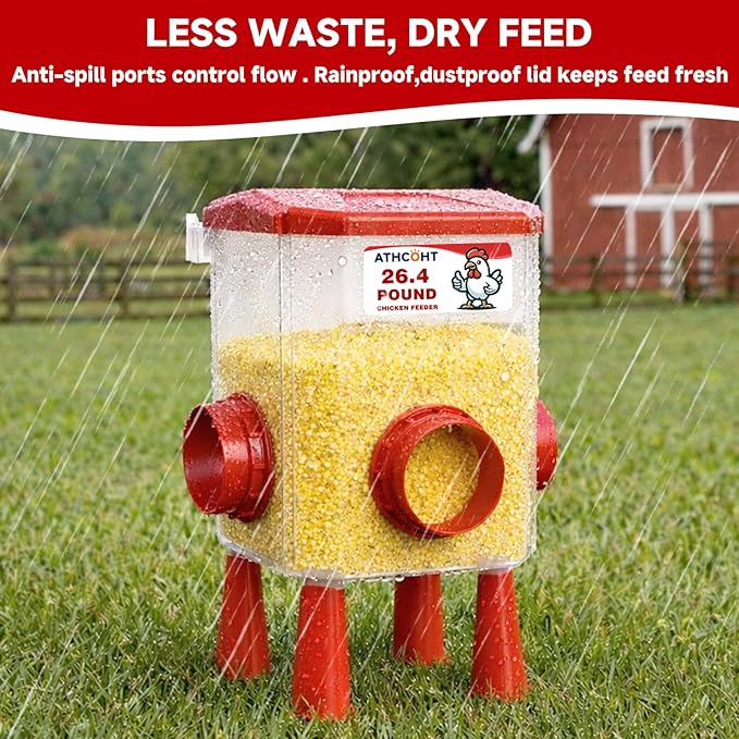 Large Chicken Feeder and Waterer Set 3.1 Gallon/26.4 Pounds, Automatic Chicken Waterer with 4 Cups & 3 Feeder Ports No Waste Poultry Feeders & Waterers, Chicken Coop Accessories for Hens/Poult
