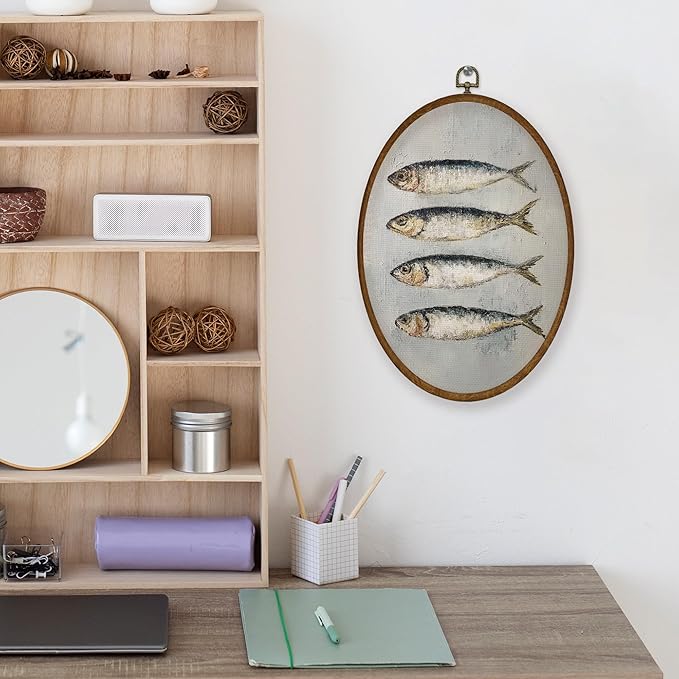 WULQYING Vintage Sardine Fish Wall Art Decor, Nautical Coastal Fish Oval Framed Canvas Art Prints, Retro Beach Fishing Wall Hanging Decor for Beach Home Kitchen Dining Room, 8.6x11.4 Inches
