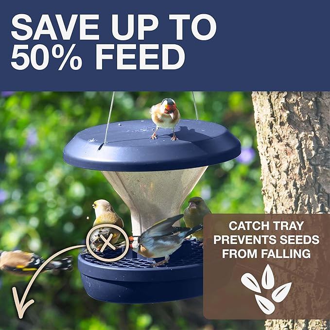 SWISSINNO Bird Feeders - No Mess Hanging Bird Feeder for Outdoors - Smart Birds Davos Spill Proof Wild Cardinal & Small Bird Feeder with Integrated Seed Catcher Tray - Dual Chamber - Indigo