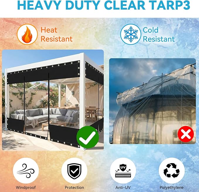 21.16oz Clear Tarps Heavy Duty Waterproof with Zipper 7(H) x10(W) ft, 19.69 MIL Patio Enclosures for Winter with Rustproof Grommets Patio Enclosure Tear-Resistant Tarpaulin for Pergola Porch, Black