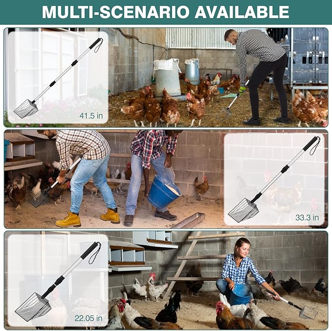 Chicken Poop Scooper - Chicken Coop Pooper Scooper Long Handle Stretchable with 2 Metal Coop Litter Scoop Stainless Steels Chicken Coop Cleaning Accessories Poultry Poop Scooper Tools