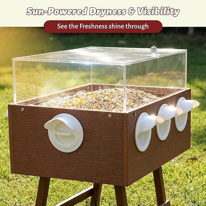KOL No-Waste Chicken Feeder, 22LB Poultry Feeder with 6 Anti-Spill Ports, Clear-View HIPS & Acrylic Design, Foldable Stand for Hens and Chicks – Automatic Gravity-Flow Feeder