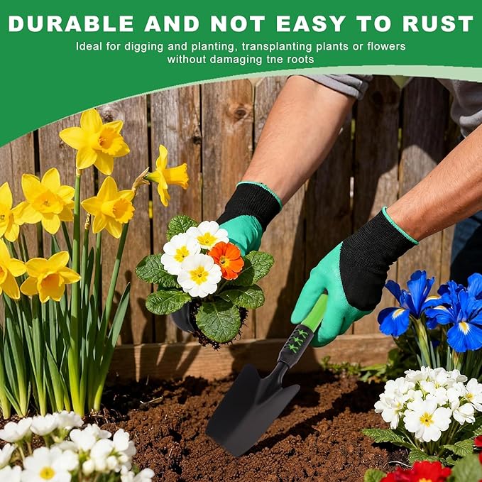 Garden Tool Set, 4 Pack Gardening Tools, Stainless Steel Heavy Duty Hand Cultivator, Hoes, Shovel, for Planting Weeding Digging, Gardening Gifts for Women, Green