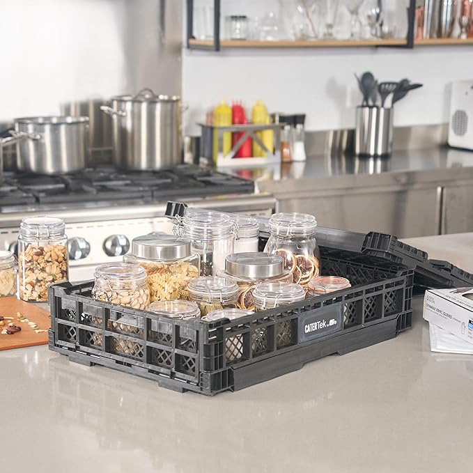 Restaurantware Plastic Milk Crates for Storage - Cater Tek Stackable Storage Buns for Organizing - Collapsible Storage Basket for Groceries, Black