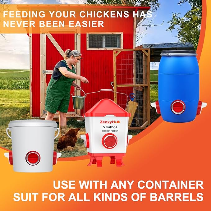 Large Chicken Feeders No Waste, DIY Automatic Poultry Feeder 4 Ports 3.74 in Hole Saw with Covers Gravity Feed Kit for Buckets Barrels Bins Troughs