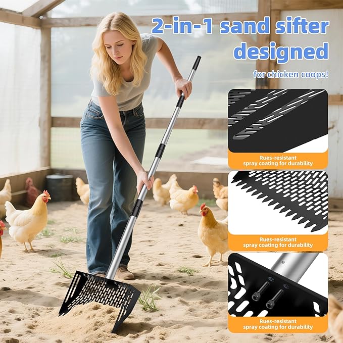 Chicken Poop Scooper & Rake 2-in-1, 4 in 1 Stainless Steel Handle 12 in Chicken Coop Pooper Shovel (23 to 62"), for Animal Sheds, Trash Scoop with Ergonomic Handle, Scooper Sand Sifting Shovel