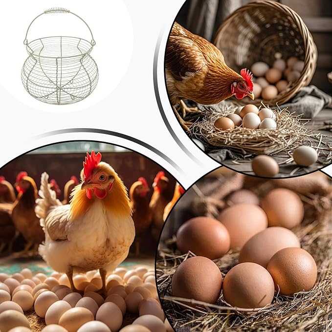 Egg Collecting Basket - Vintage Woven Wire Organizer, Chicken Egg Basket, With Handle Counter Ovum Holder | For Kitchen Counter Farmhouse Garden Harvest Fruit Vegetable Easter Festival