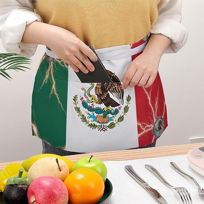 Unisex Chef Waiter Apron Waist Half Short Serving Aprons with 3 Pockets