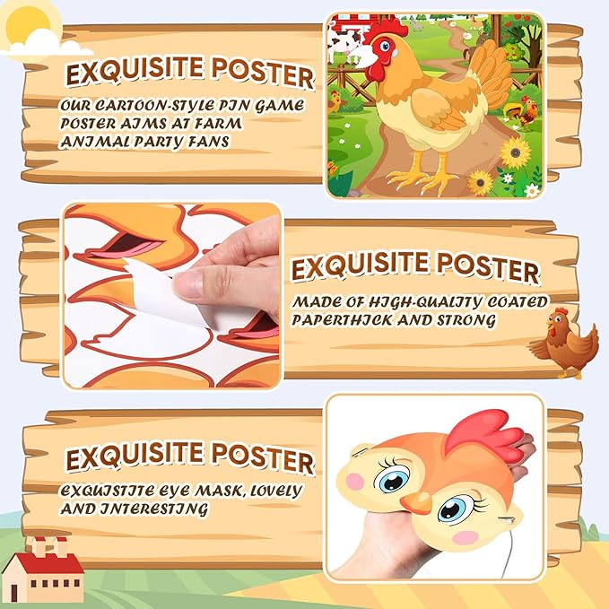 Faccito Farm Animal Games Pin The Beak on The Chicken Barnyard Birthday Party Decorations Farm Poster Games with 24 Stickers Eye Mask for Kids Family School Activities Birthday Party Decor Supplies
