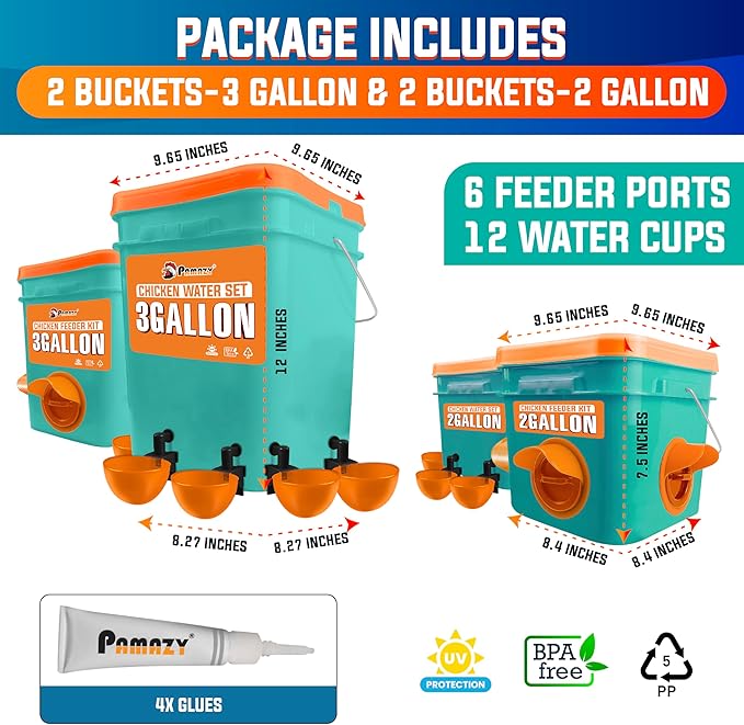 Automatic Chicken Feeder and Waterer Set(4 Buckets/2-3 gallons), Chicken Bucket Feeder Ports & Cup Waterer No Waste, Rain Proof Poultry Feeder, Avoid Small Animals, Suitable for Chicken, Duck, Turkey