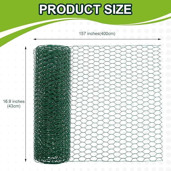Green Floral Chicken Wire Mesh - 15.7 x 157 Inch Rustproof PVC Coated Hex Netting for Arrangements (0.6" Hex) Coated Netting Fence for Crafts Poultry, Garden
