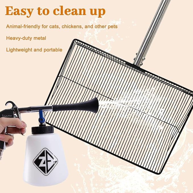 ‌15" Extra Large Chicken Coop Scooper – Heavy Duty Stainless Steel Adjustable Handle (24"-76") Chicken Poop Rake, 5 in 1 Dual-Use Sifting Shovel for Chicken Poop & Litter Cleaning Tool