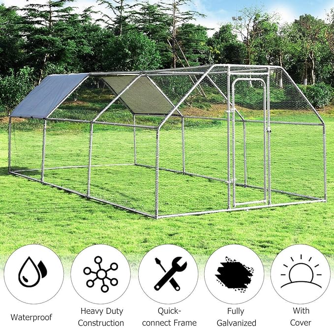 Giantex 18.5ft Large Metal Chicken Coop, Walk-in Chicken Coops Hen Run House Shade Cage with Waterproof and Sun Protection Cover for Outdoor Backyard Farm Use Poultry Cage (18.5 x 9.2 ft, Flat)