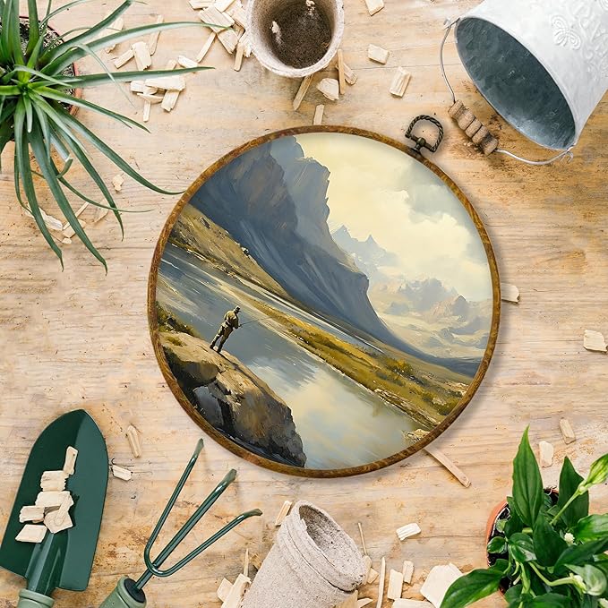 Hiuwevt Forest Fishermen Round Wall Art Decor, Vintage Moody Pine Tree Campsite Framed Canvas Prints, Retro Rustic Forest Camping Round Wall Hanging Decor for Bedroom Home Decorations, 10x10 Inches