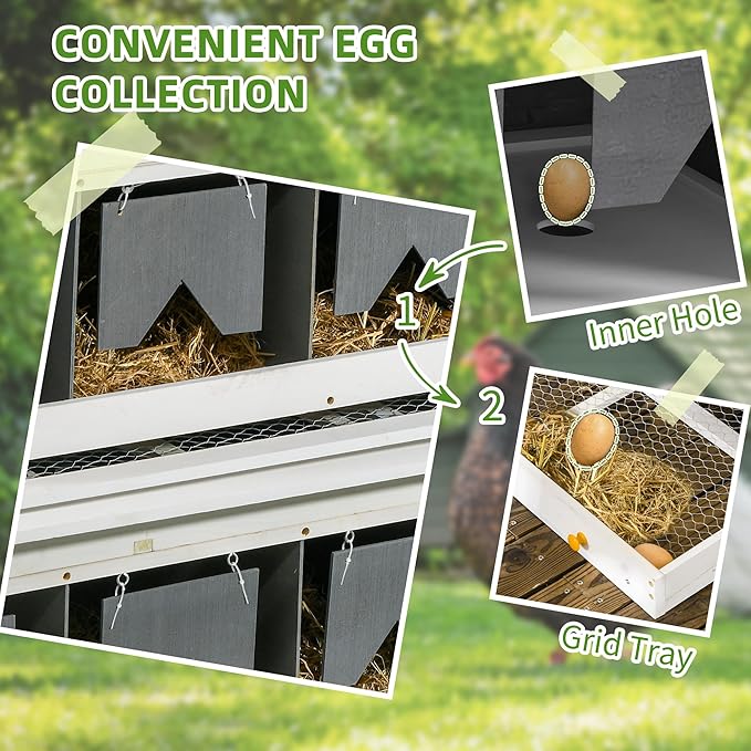 PawHut Chicken Nesting Box, Wooden Roll Out Lay Nesting Boxes for 16-32 Chickens, with 8 Compartments, 2 Egg Collection Trays, 4 Perches, for Chicken Coop, Chicken Run, Gray