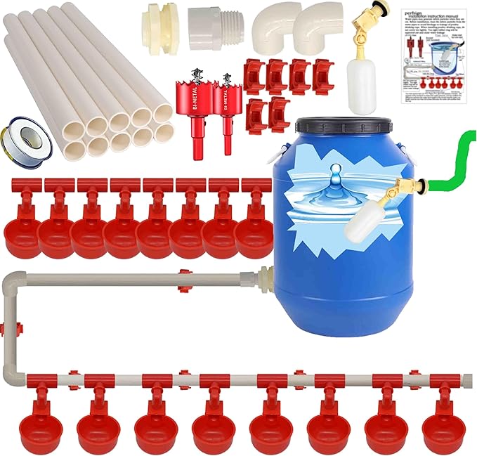 Complete Set Automatic Chicken Waterer Cups,with PVC Pipelines,Chicken Water Cups,PVC Tee Fittings,Float Valve,DIY Chicken Watering System, Poultry Feeding Water,Poultry Watering System,Chicken Waters