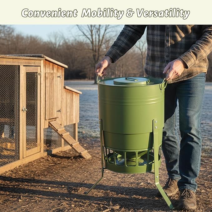 KOL Chicken Feeder No Waste for Coop & Outdoors, 16 Port 50lbs Poultry Feeder with Spill-Control Design, Rust-Proof Powder Coated Metal & Smooth Safe Edges (Avocado Green)