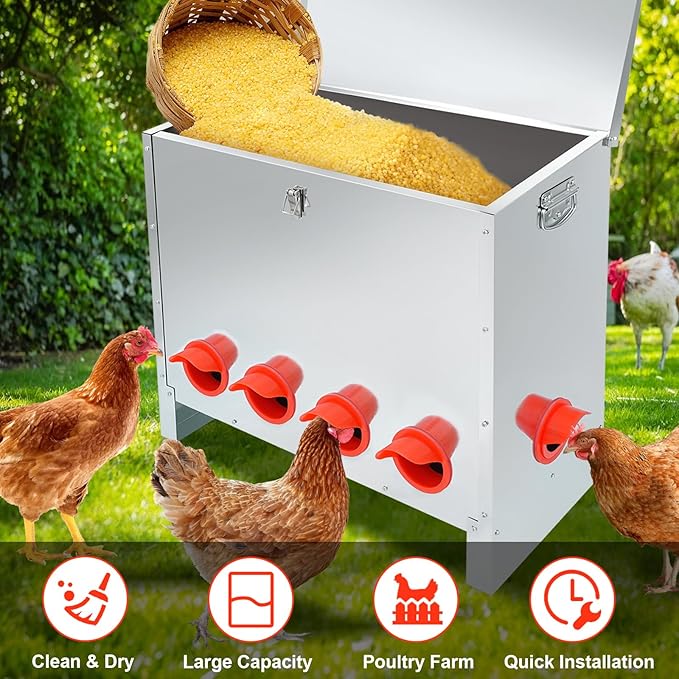RYFT 85 Pounds Automatic Chicken Feeder 6-Port, Large Capacity Galvanized Metal Fed Chicken with Latch & Handle for Chickens, Pheasants, Bantams Poultry Coop Weatherproof Chicken Feeder