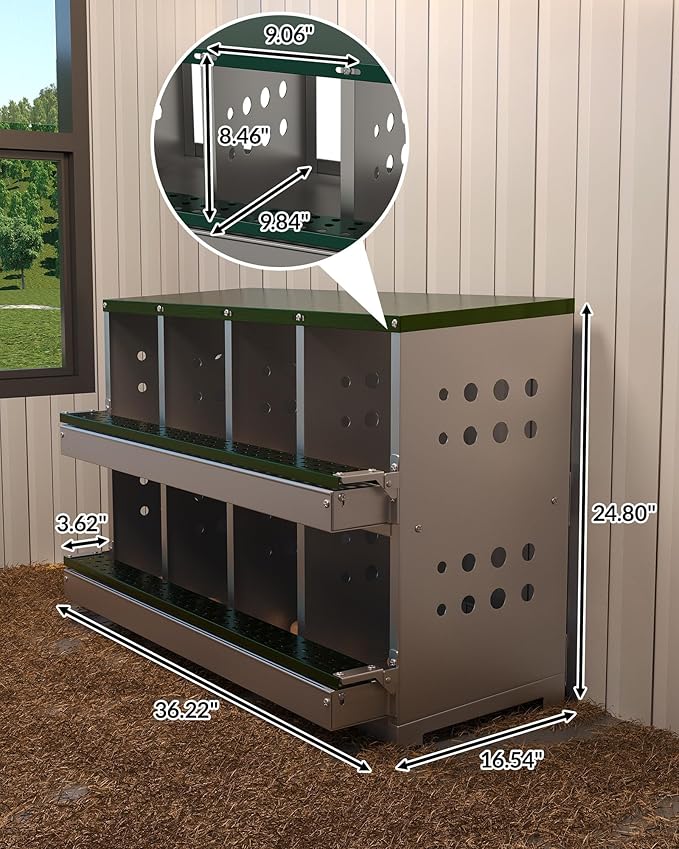 Chicken Nesting Box, 8 Compartment Metal Nesting Box, Wall Mountable Nesting Boxes with Swing Perch and Roll Away Egg Collection, Vented Holes, 8 Training Eggs Included
