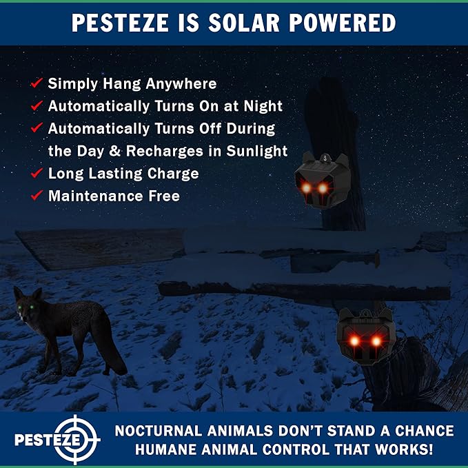 2 Pack PESTEZE Reusable Solar Nocturnal Animal Repeller. Flashing Red Light Deters Unwanted Animals Like Skunk, Deer, Coyote, Fox, Wolf, Rabbitt, Raccoon & Birds to Protect Property & Livestock