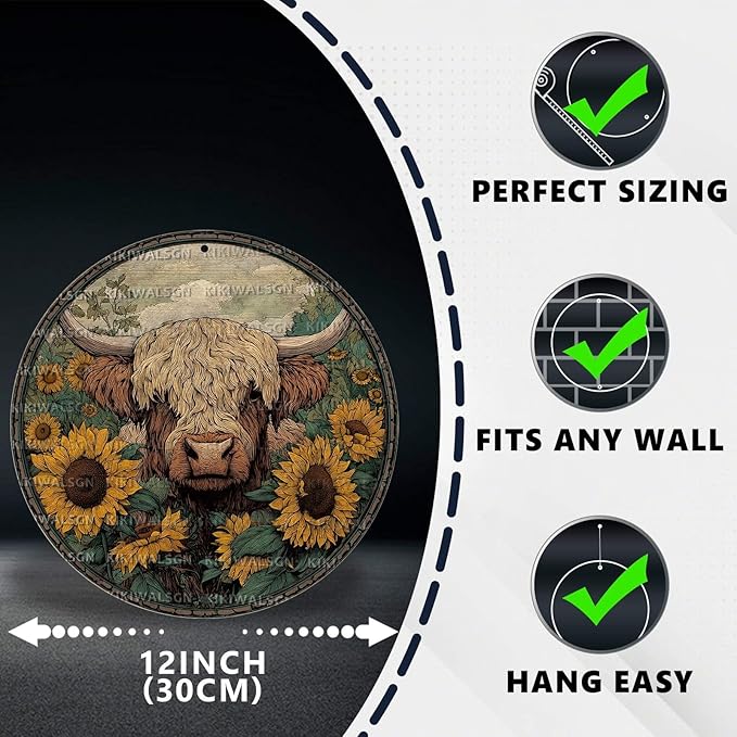 Vintage Highland Cattle Round Metal Sign Retro Sunflower Tin Sign Nostalgic Rustic Wall Decor Bedroom Living Room Cafe Yard Office Fence Door Outside Farmhouse Farm 12 * 12 In