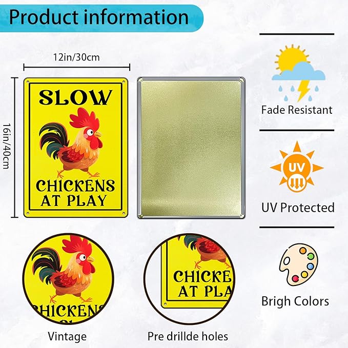 Vintage Slow Tin Sign Chickens at Play Metal Sign Funny Chicken Coop Yard Poster Home Kitchen Coffee Garden Wall Decor 12x16 Inch