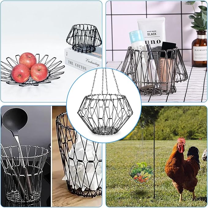 Hanging Chicken Feeder,Foldable Large Poultry Accessories Vegetable Fruits Feeder Basket with 4 Firm Hanging Chain and Hook,Chicken BoredomToys for Coop (1 Pack with 1 Hook)