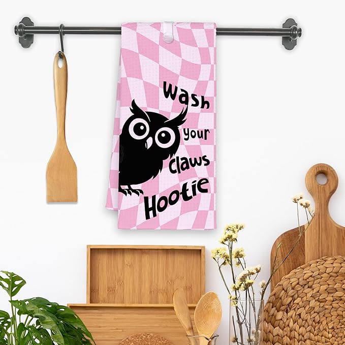 Cute Owl Pink Bathroom Kitchen Towels, Wash Your Claws Hand Towel for Girly Room, Funny Gifts for Owl Lovers, Trendy Preppy Checkered Dish Towels Decor for Dorm Home 16x24in