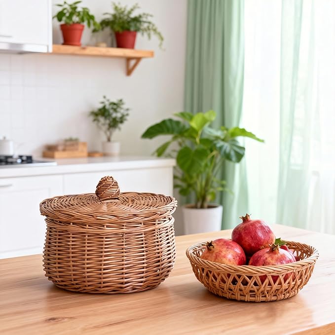 Handwoven Wicker Egg Basket with Lid, Round Farmhouse Rustic Collecting for Kitchen, Chicken Coop & Fruit