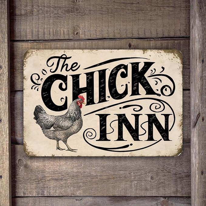 Vintage-Style "The Chick Inn" Sign - Rustic Farmhouse Decor with Detailed Chicken Illustration, 8" x 12"