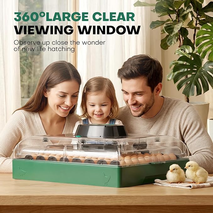 Incubators for Hatching Eggs, 72 Eggs Hatching Incubator with Automatic Egg Turner & Humidity Control & Digital Temp, 360° Clear View for Chicken/Duck/Quail/Goose, Perfect for Lab School Farm