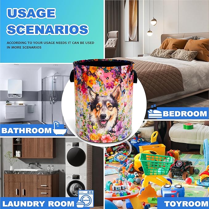 Dog Laundry Basket Oxford Cloth Pet Flowers Laundry Hamper With Handle Foldable Portable Clothes Storage Basket 18.9 X 16.5 In Storage Bag For Laundry Room/Bathroom/Bedroom/Dormitories