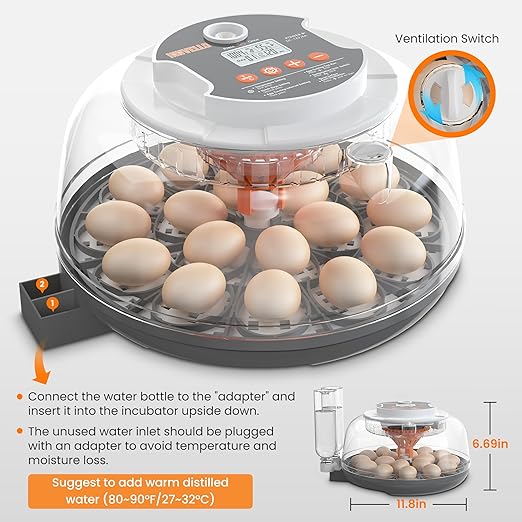 18 Egg Automatic Egg Incubator for Hatching Eggs, Chicken Egg Incubator with Auto Egg Turning, Humidity & Temperature Control, Hatch Day Counter, Egg Candler, 2 Egg Trays & External Water Bottles