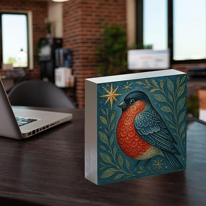 Cardinal Bird Wooden Sign - Navidad Xmas Decoration, Christmas Art Ornament, Bird Christian Wooden Box Sign for Home Kitchen Bathroom Library Table Desk Shelf Decoration, 5x5 Inch