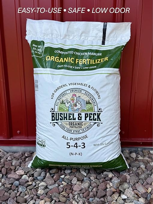 Bushel & Peck Organic Compost Fertilizer 5-4-3 - Pelleted Poultry Manure | OMRI Listed | Natural Soil Amendment for Gardens, Flowers, Vegetables & Lawns (25 Pounds (1 Bag))