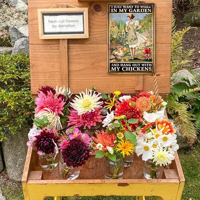 Chicken Signs For Coop Funny Garden Metal Tin Sign Vintage Chicken Sign Decor Farm Signs Outdoor Metal Gardening Girl Poster Tin Sign I Just Want To Work In My Garden And Hang Out With My Chickens