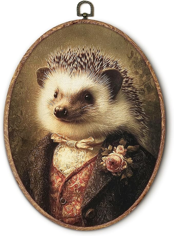 Hxlac Vintage Whimsical Hedgehog Oval Wall Art Framed, Renaissance Style Hedgehog Oval Wall Decor, Moody Animal Canvas Prints Wall Sculptures for Home Bedroom Living Room Gallery Decor, 8.5x11.5 Inch