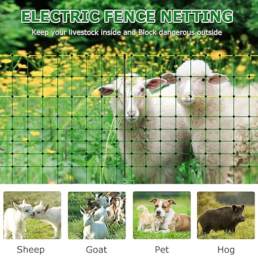 Electric Fence Netting, 47.2" H x 164' L, Portable Livestock Nets with 14 Posts Double Spiked for Hog, Dogs, Deer, Goats, Electric Fencing for Backyards, Homesteaders, Farms, Ranches, Gardens