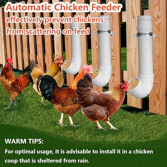 3Pack Automatic Chicken Feeder, PVC Pipe Hanging with Lid Hanging, for Chicken Poultry Feeder, Easy to Install and Clean