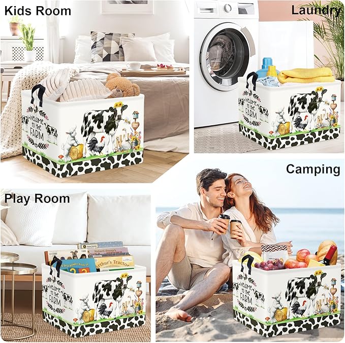 Farm Animals Storage Basket Collapsible Clothes Baby Nursery Hamper Large Book Shelf Basket Boy Girl Toy Box Bin for Kid Room, Cow, 36L