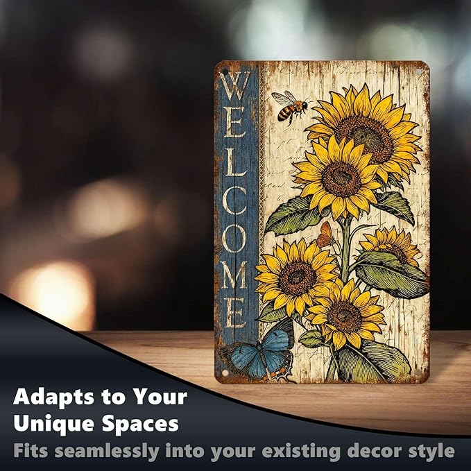 Vintage Sunflower Tin Sign Welcome Retro Garden Metal Sign Rustic Nostalgic Wall Decor For Home Garden Plaque Yard Bar Farmhouse Porch Living Room Cafe Kitchen 12 * 8 In