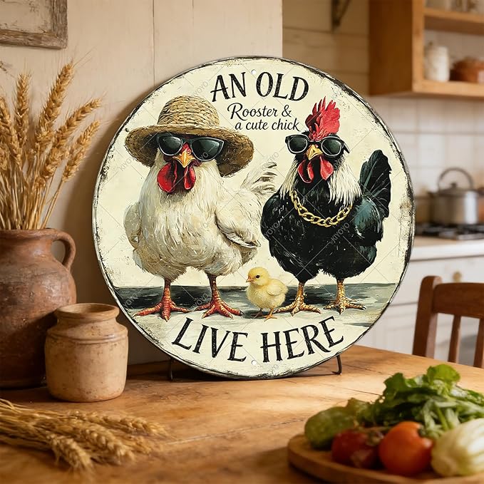 Rooster Wall Decor Round Chicken Signs Chicken Coop Accessories Metal Tin Sign Vintage Style An Old Rooster And A Cute Chick Live Here Iron Poster 12 Inch