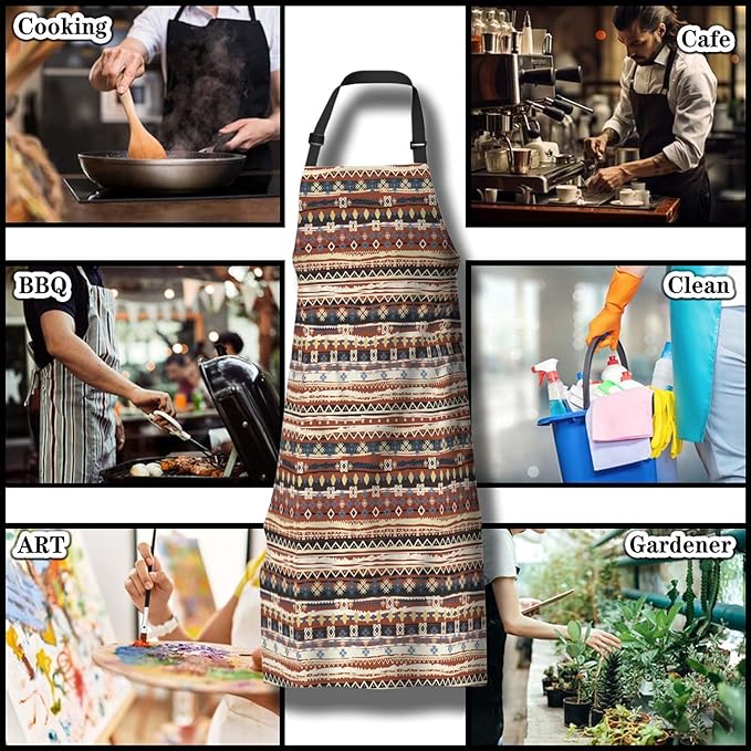 Garden Apron for Men Boho Style Ethnic Pattern Cooking Aprons for Women for Kitchen Cooking Restaurant BBQ Painting Crafting Gardening 27” (W) x 31” (H), Waterproof Aprons